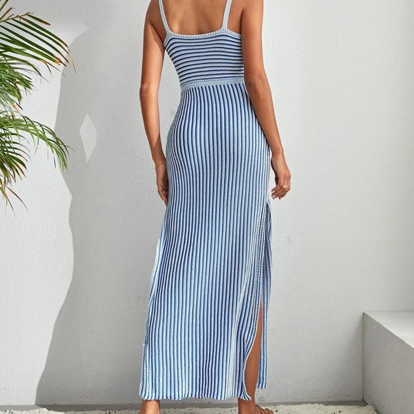 Blue Womens Striped Pattern Cut Out Slit Hem Sweater Dress - Picture 3 of 4